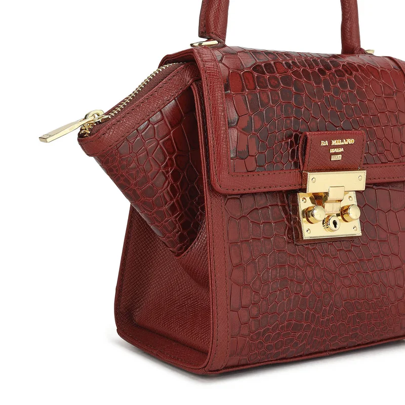 Da Milano Cherry Small Croco Leather Satchel - Cherry for Women | Best Price UAE